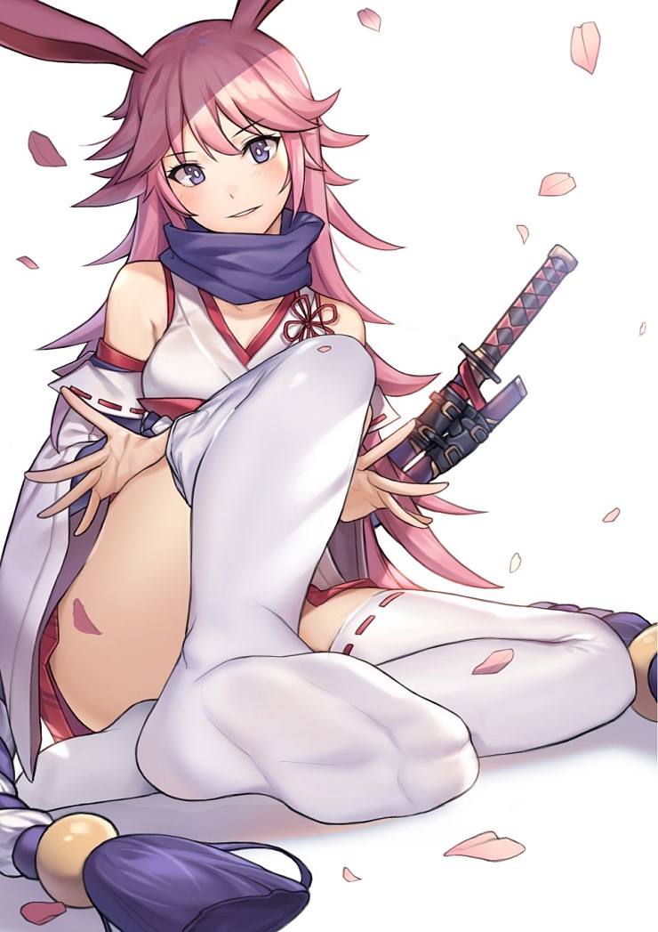 1girl animal_ears bare_shoulders blush breasts cherry_blossoms commentary_request detached_sleeves feet fox_ears hair_between_eyes hair_flaps honkai_(series) honkai_impact_3 katana long_hair looking_at_viewer medium_breasts messy_hair miniskirt no_shoes nontraditional_miko parted_lips pink_hair piyo_(pixiv_2308057) pleated_skirt red_skirt skirt smile soles solo sword thigh-highs undressing very_long_hair violet_eyes weapon white_legwear yae_sakura yae_sakura_(gyakushinn_miko)