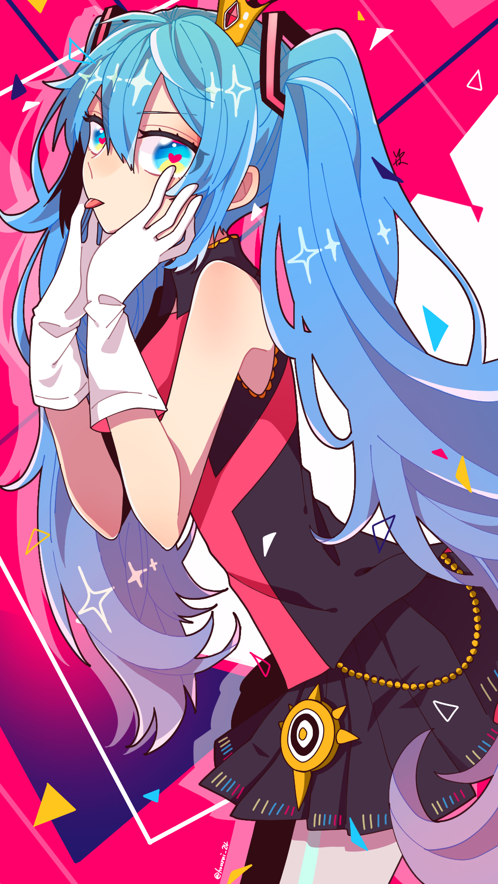 1girl :p alternate_costume black_shirt black_skirt blue_eyes blue_hair colorful commentary_request cowboy_shot crown eyebrows_visible_through_hair eyes_visible_through_hair gloves gradient gradient_background hands_on_own_cheeks hands_on_own_face hatsune_miku heart heart-shaped_pupils highres hourai_24 kimagure_mercy_(vocaloid) long_hair looking_at_viewer mini_crown multicolored multicolored_background multicolored_eyes outline pink_background purple_background shirt skirt sleeveless sleeveless_shirt solo sparkle sparkle_background symbol-shaped_pupils tongue tongue_out triangle twintails twitter_username upper_body v-shaped_eyebrows very_long_hair vocaloid white_background white_gloves yellow_eyes