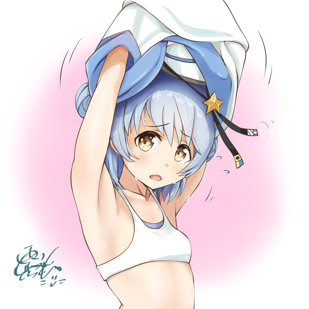 1girl armpits black_ribbon blue_hair blue_sailor_collar commentary_request dixie_cup_hat double_bun dragonoil eyebrows_visible_through_hair gradient gradient_background hat hat_ribbon kantai_collection long_sleeves military_hat open_mouth pink_background removing_shirt ribbon sailor_collar samuel_b._roberts_(kantai_collection) school_uniform serafuku shirt short_hair signature solo sports_bra star sweat upper_body white_headwear white_shirt yellow_eyes