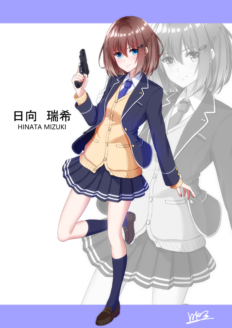 1girl black_jacket black_legwear black_skirt blazer blue_eyes blue_neckwear blush brown_footwear brown_hair buttons cardigan character_name collared_shirt commentary_request dress_shirt full_body gun hair_ornament hairclip hand_up hinata_mizuki_(hinata_tino) hinata_tino holding holding_gun holding_weapon jacket letterboxed loafers long_sleeves necktie original outside_border pleated_skirt school_uniform shirt shoes short_hair signature skirt socks standing standing_on_one_leg weapon white_shirt wing_collar yellow_cardigan zoom_layer
