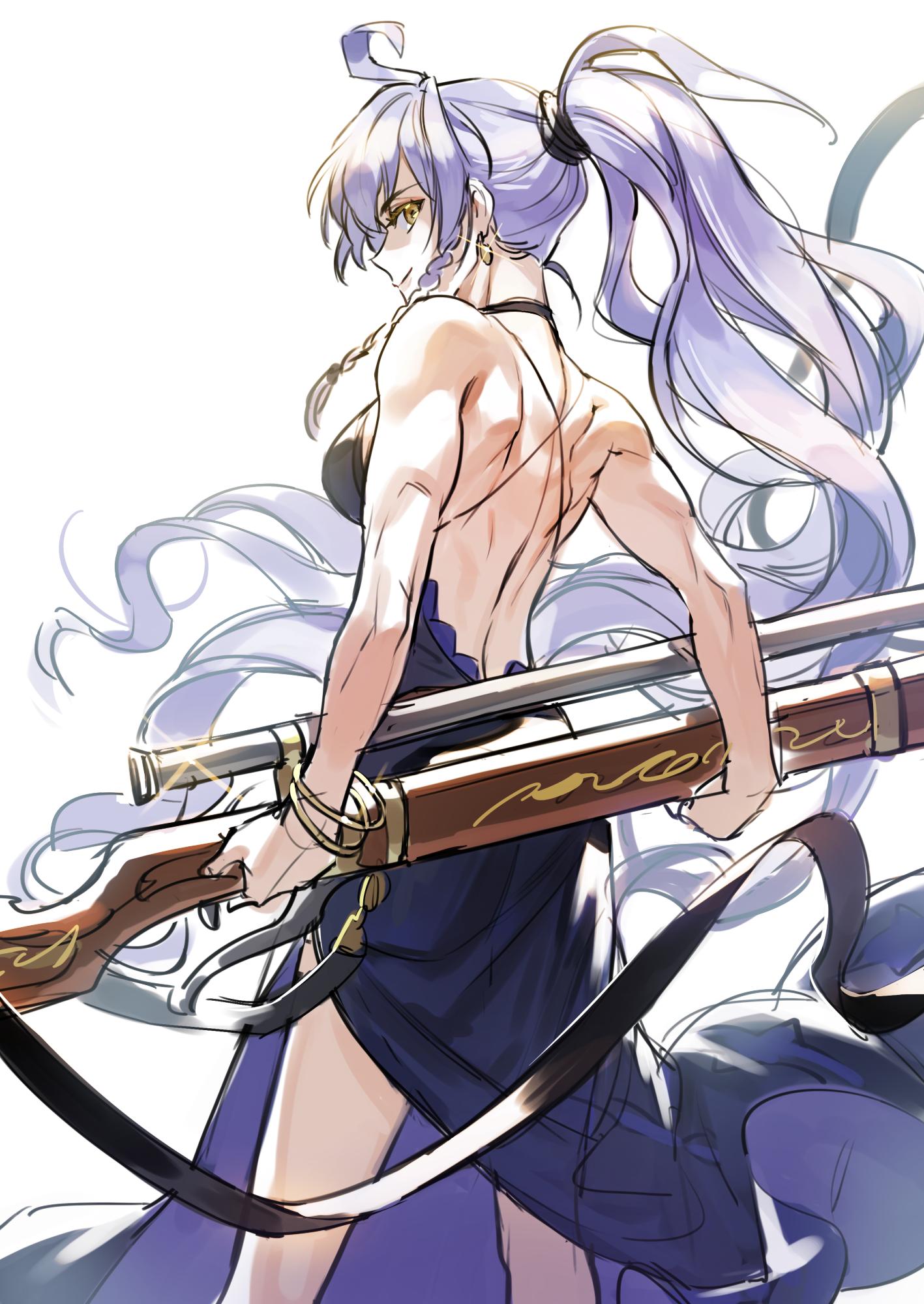 1girl ahoge ass back backless_dress backless_outfit belt breasts cleavage dress formal granblue_fantasy gun hair_between_eyes highres large_breasts long_hair looking_at_viewer mansu muscular_female ponytail silva_(granblue_fantasy) silver_hair solo very_long_hair weapon white_background yellow_eyes