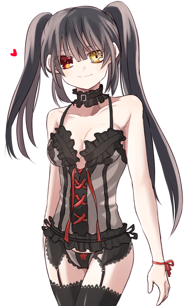 1girl asymmetrical_hair bangs black_hair black_legwear black_panties black_ribbon breasts choker cleavage clock_eyes collarbone date_a_live eyebrows_visible_through_hair garter_straps hair_between_eyes heart heterochromia kasuga_kaya long_hair looking_at_viewer medium_breasts panties red_eyes red_ribbon ribbon shiny shiny_clothes simple_background sleeves smile solo symbol-shaped_pupils thigh-highs tokisaki_kurumi twintails underwear underwear_only very_long_hair white_background wrist_ribbon yellow_eyes