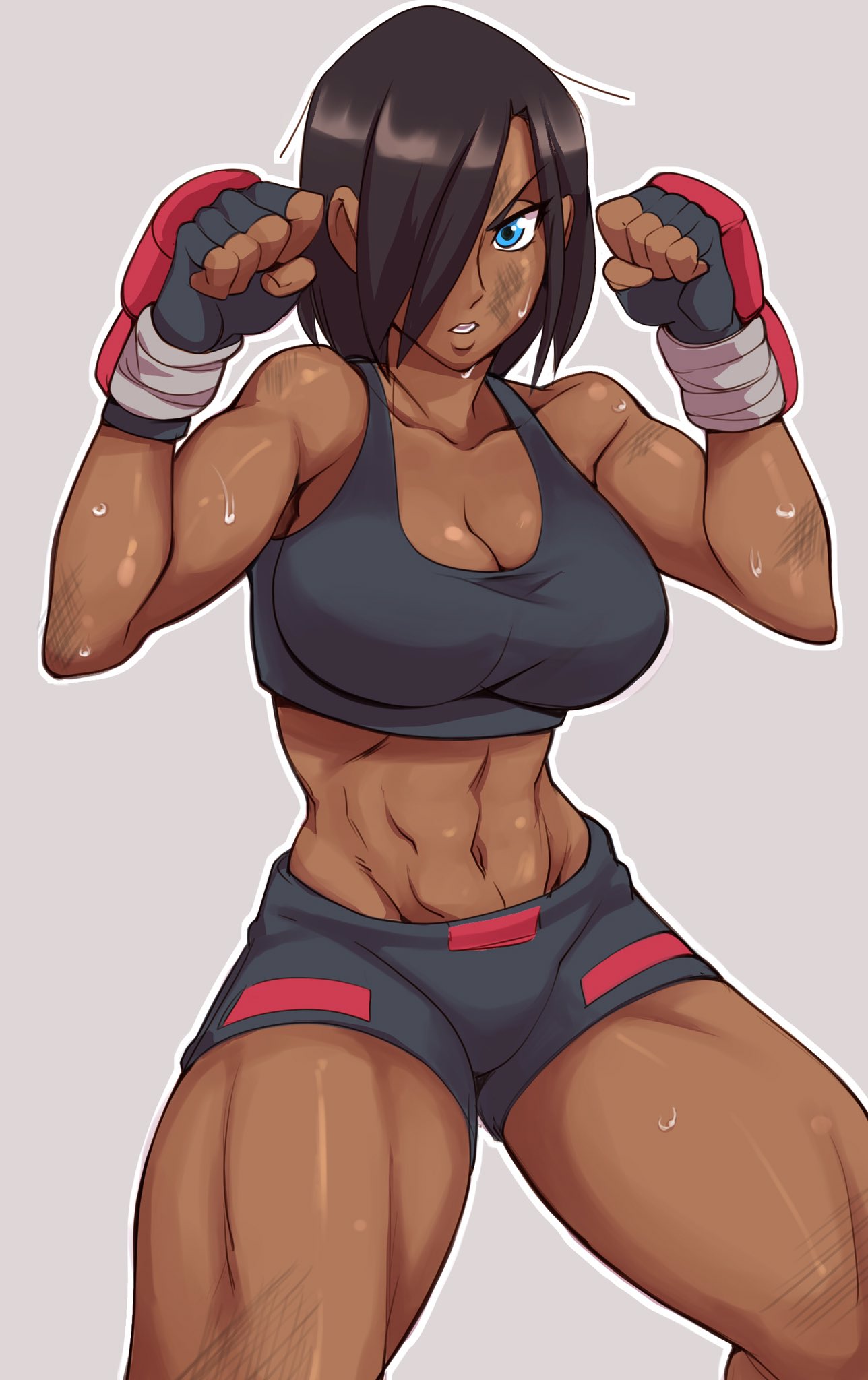 1girl abs black_hair blue_eyes breasts cleavage clenched_hands dark_skin dirty dirty_face fighting_stance fingerless_gloves gloves highres large_breasts looking_at_viewer medium_hair midriff mma_gloves muscle nisego open_mouth original short_hair shorts solo sweat tan tank_top toned