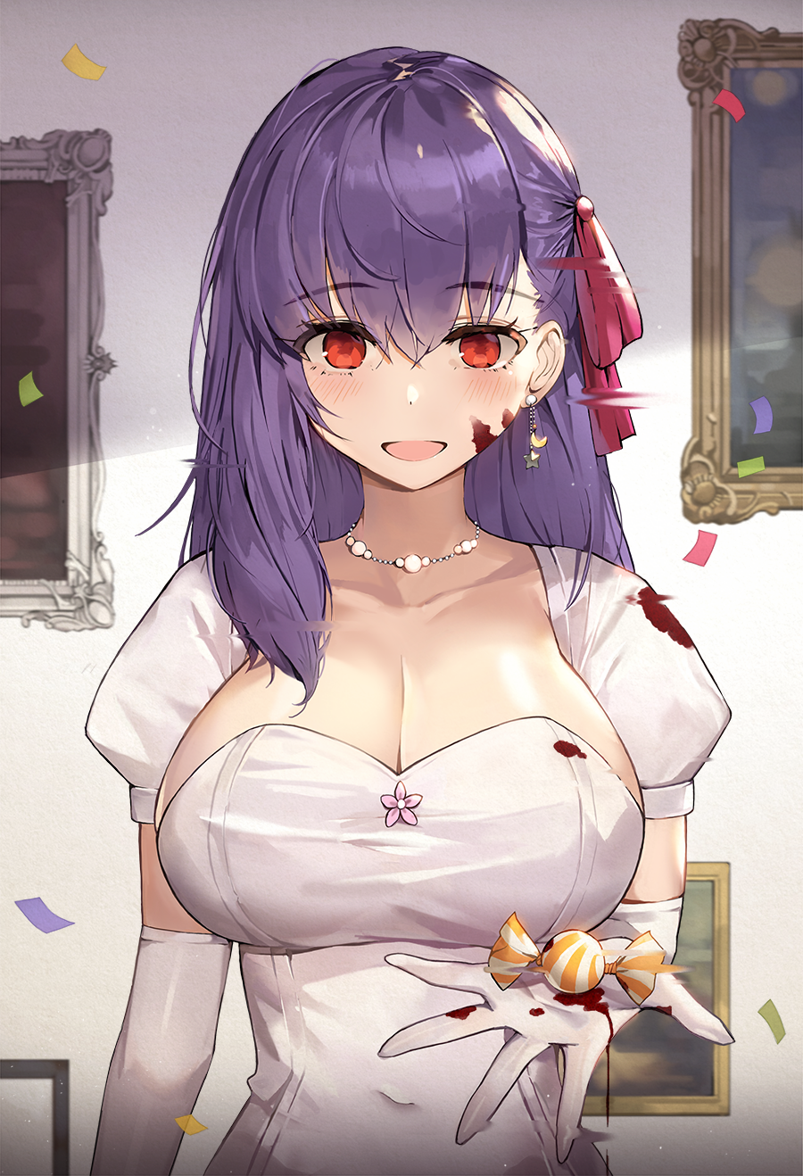 1girl :d bangs blood blush breasts candy cleavage collarbone commentary_request confetti covered_navel crescent crescent_earrings earrings elbow_gloves eto_(nistavilo2) fate/stay_night fate_(series) food gloves hair_between_eyes hair_ribbon heaven's_feel highres holding jewelry large_breasts long_hair looking_at_viewer matou_sakura necklace open_mouth picture_frame puffy_short_sleeves puffy_sleeves purple_hair red_eyes red_ribbon ribbon shirt short_sleeves smile solo standing star star_earrings upper_body white_gloves white_shirt