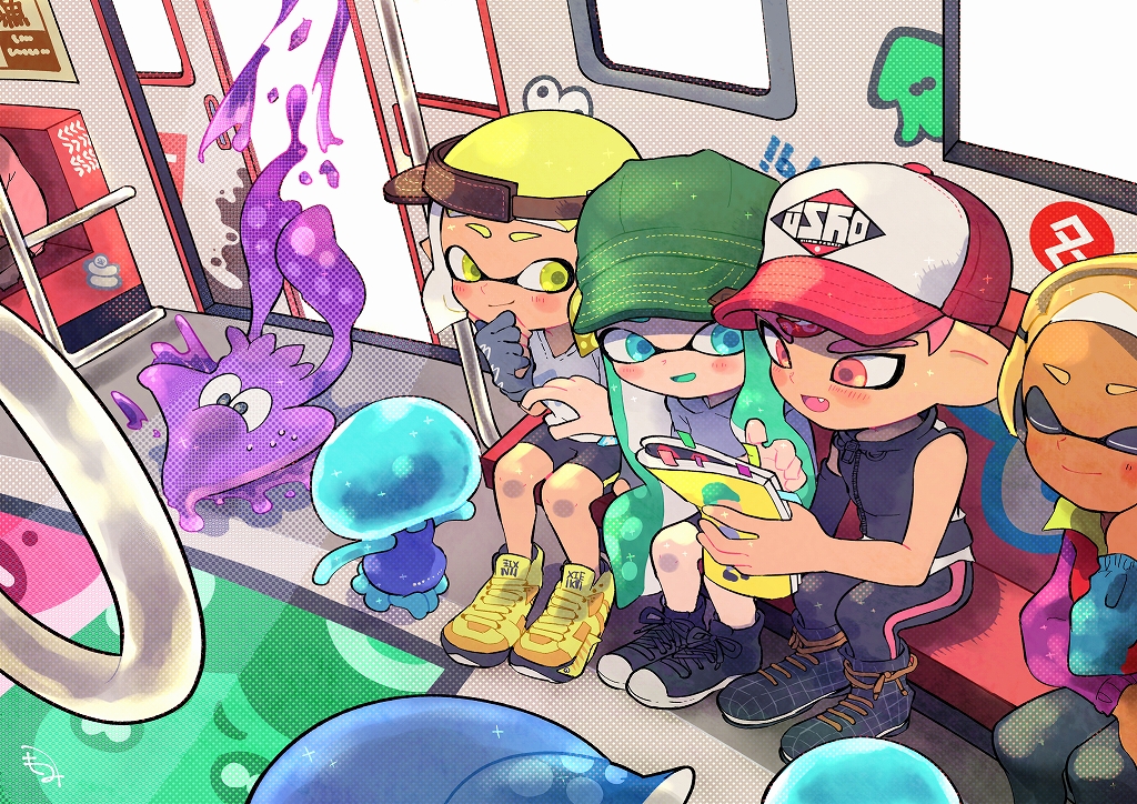 1boy 3girls :d ankle_boots aqua_hair baseball_cap bike_shorts black_footwear black_pants blonde_hair blue_eyes blush boots closed_eyes closed_mouth dark_skin detached_sleeves domino_mask fang fingerless_gloves gloves green_eyes green_headwear grey_gloves hand_up hat holding inkling jellyfish_(splatoon) kirikuchi_riku long_hair looking_at_viewer mask multiple_girls octarian octoling open_mouth paint pants pink_eyes pink_hair pointy_ears shirt shoelaces shoes short_hair single_detached_sleeve single_vertical_stripe sitting sliding_doors smile splatoon splatoon_(series) splatoon_2 squid tentacle_hair train_interior v-neck visor_cap white_shirt yellow_footwear