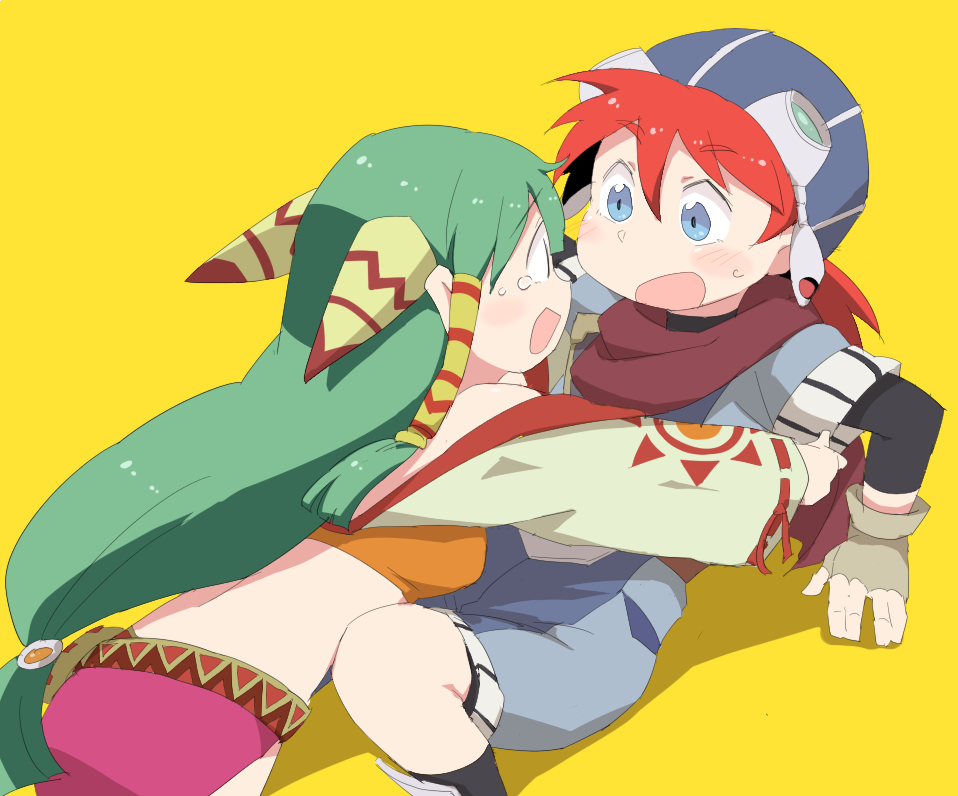 1boy 1girl blue_eyes blush dokan_(dkn) feena_(grandia) fingerless_gloves gloves goggles goggles_on_headwear grandia grandia_i green_hair hair_ornament hair_tubes happy hat hug justin_(grandia) long_hair looking_at_another miniskirt open_mouth pink_skirt redhead simple_background sitting skirt surprised tears wide_sleeves yellow_background