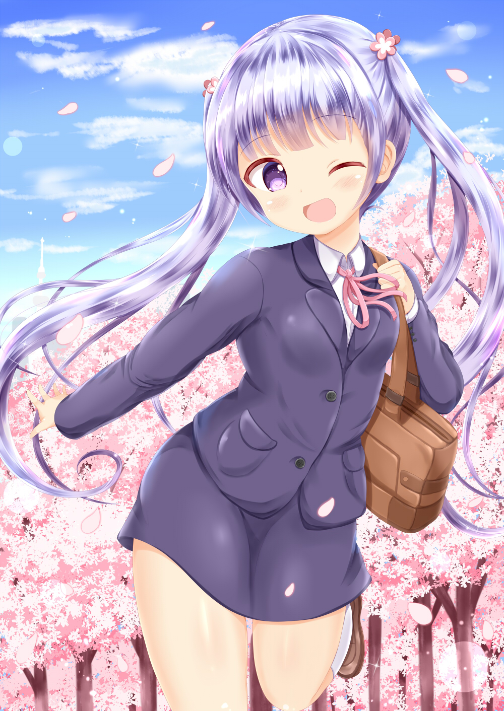 1girl ;d bag bangs blue_sky blush brown_footwear cherry_blossoms clouds collared_shirt commentary_request day eyebrows_visible_through_hair flower formal hair_flower hair_ornament head_tilt highres jacket kneehighs loafers long_sleeves looking_at_viewer neck_ribbon new_game! one_eye_closed open_mouth outdoors petals pink_flower pink_ribbon purple_hair purple_jacket purple_skirt ribbon shirt shoes skirt skirt_suit sky smile solo standing standing_on_one_leg suit suzukaze_aoba tree twintails violet_eyes white_flower white_legwear white_shirt zenon_(for_achieve)