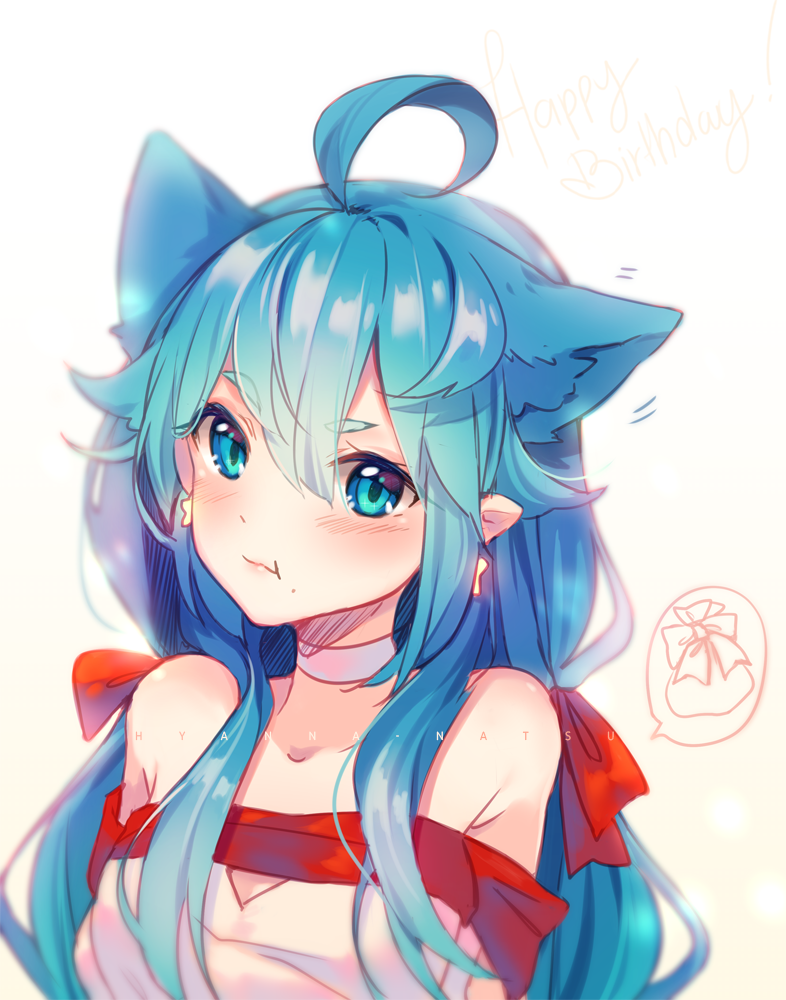 1girl :t ahoge animal_ears artist_name bangs bare_shoulders blue_eyes blue_hair blush borrowed_character bow cat_ears cat_girl choker closed_mouth collarbone commentary ear_wiggle earrings english_commentary eyebrows_visible_through_hair gift gradient gradient_background hair_between_eyes hyanna-natsu jewelry long_hair looking_at_viewer low-tied_long_hair low_twintails mole mole_under_mouth motion_lines off_shoulder original pink_background pout solo star star_earrings twintails upper_body v-shaped_eyebrows white_choker