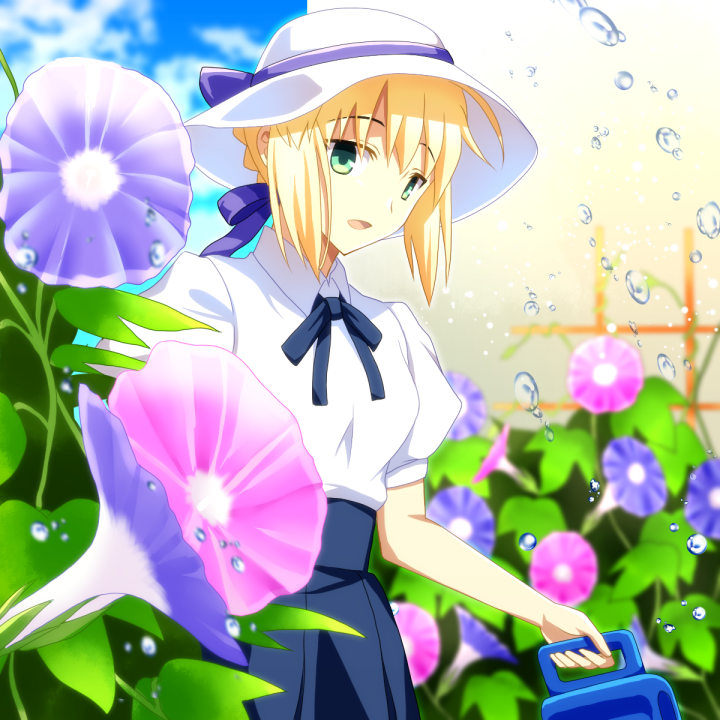 1girl artoria_pendragon_(all) blonde_hair blue_ribbon blue_skirt braided_bun cimeri collared_shirt cowboy_shot day fate/stay_night fate_(series) flower garden green_eyes hair_ribbon hat hat_ribbon holding neck_ribbon open_mouth outdoors pink_flower pleated_skirt purple_flower ribbon saber shirt short_hair short_sleeves skirt solo standing sun_hat white_headwear white_shirt wing_collar