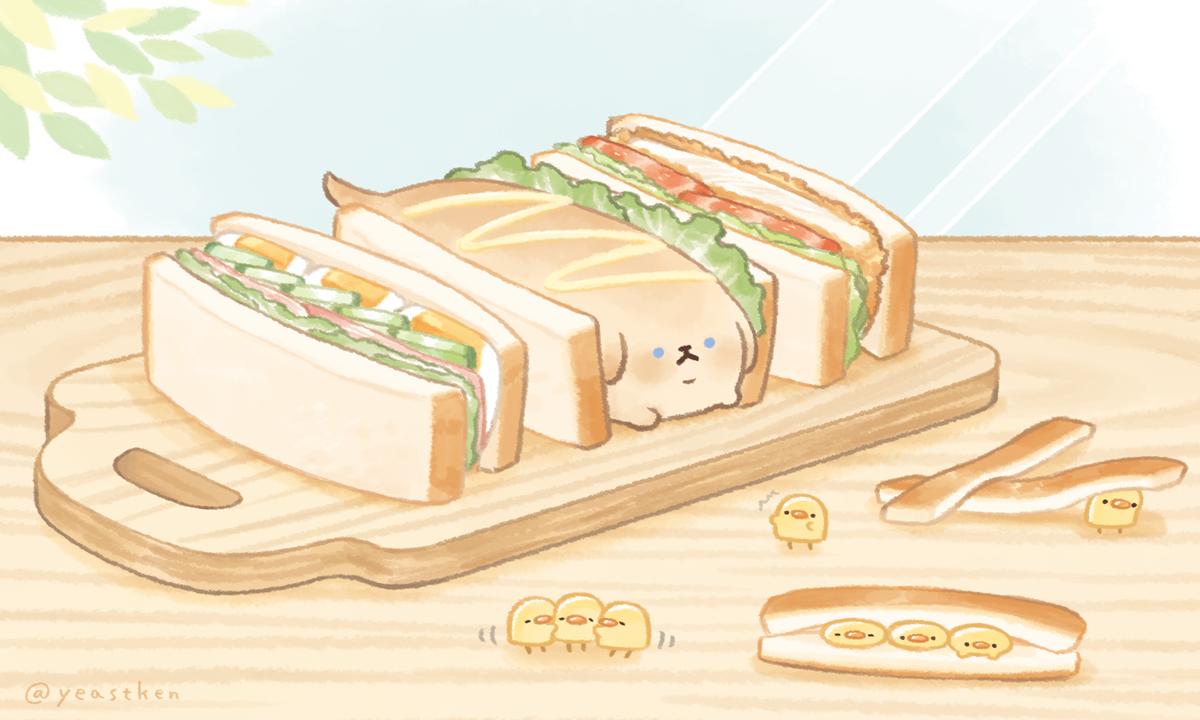 bird blue_eyes bread cutting_board dog food leaf lettuce meat no_humans original sandwich sandwiched twitter_username yeastken