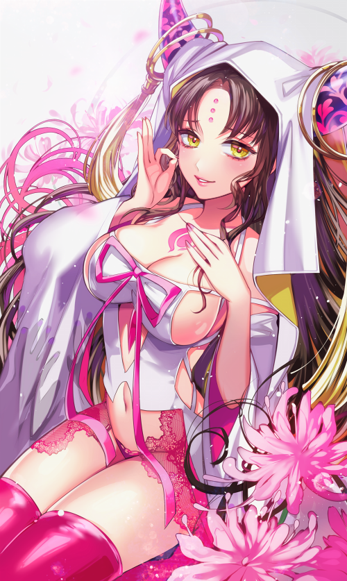 1girl bangs bare_shoulders black_hair blush breasts cleavage collarbone commentary_request detached_sleeves eyebrows_visible_through_hair facial_mark fate/grand_order fate_(series) flower forehead_mark gradient gradient_background grey_background hand_on_own_chest horns lace large_breasts long_hair long_sleeves looking_at_viewer matsurika_youko navel ok_sign panties parted_bangs parted_lips pink_flower pink_legwear pink_lips purple_panties revealing_clothes sesshouin_kiara sitting smile solo tattoo thigh-highs underwear veil very_long_hair wide_sleeves yellow_eyes