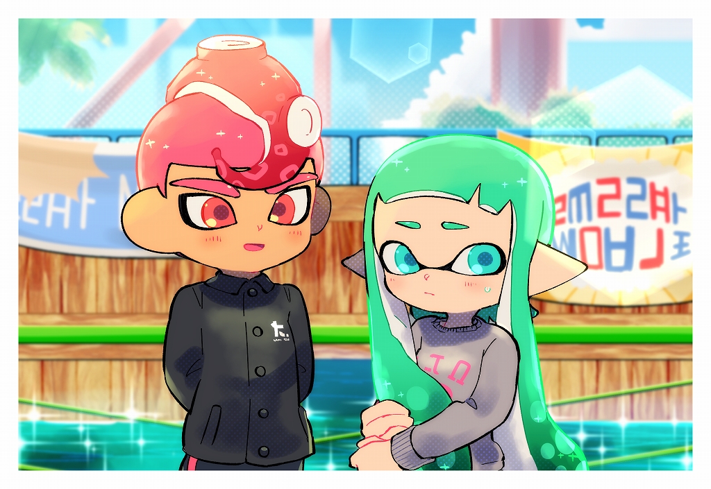 1boy 1girl :d aqua_hair arms_behind_back black_shirt blue_eyes blue_sky buttons closed_mouth clouds collared_shirt day domino_mask grey_shirt inkling kirikuchi_riku long_hair long_sleeves mask mohawk octarian octoling open_mouth outdoors pink_hair pointy_ears red_eyes shirt short_hair single_vertical_stripe sky smile splatoon_(series) suction_cups tentacle_hair water