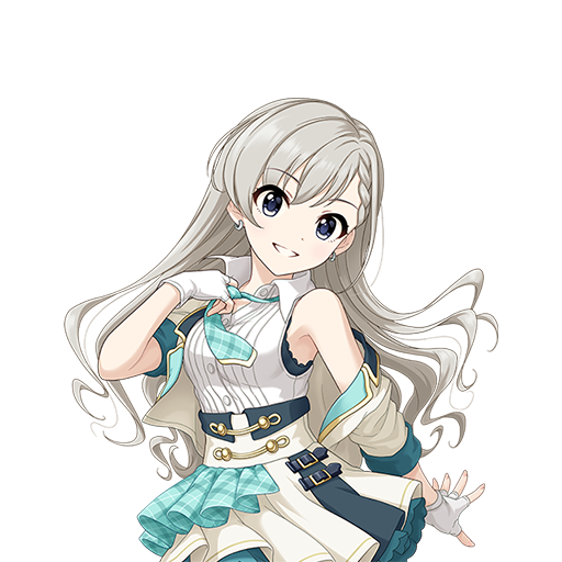 1girl bangs blue_eyes blue_neckwear braid cowboy_shot earrings fingerless_gloves frills gloves grin hisakawa_hayate idol_clothes idolmaster idolmaster_cinderella_girls idolmaster_cinderella_girls_starlight_stage jacket jewelry long_hair looking_at_viewer necktie official_art silver_hair sleeveless smile solo transparent_background white_gloves white_jacket