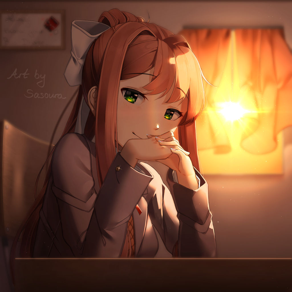 1girl artist_name brown_hair classroom commentary curtains doki_doki_literature_club english_commentary eyebrows_visible_through_hair green_eyes grey_jacket hair_ribbon hands_together indoors interlocked_fingers jacket light_smile long_hair long_sleeves looking_at_viewer monika_(doki_doki_literature_club) ponytail ribbon sasoura school_uniform sidelocks smile solo sunset upper_body white_ribbon window