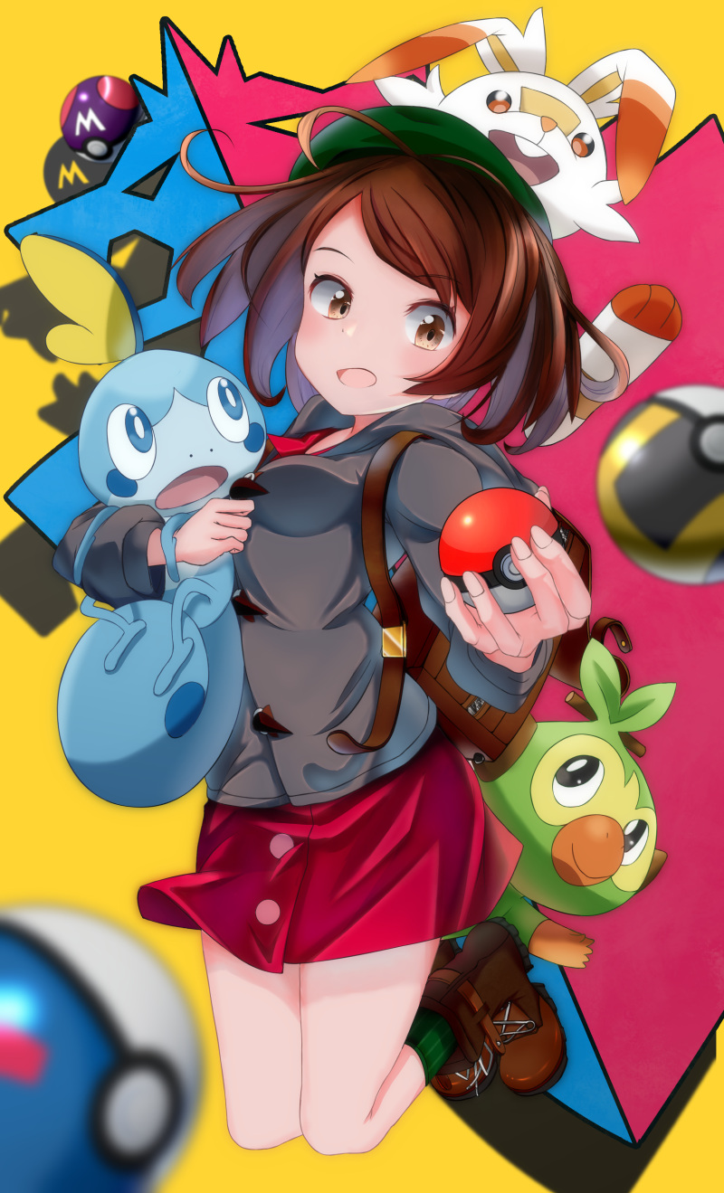 1girl animal animal_on_head backpack bag bangs bob_cut boots brown_bag brown_eyes brown_footwear brown_hair cardigan commentary creatures_(company) dress female_protagonist_(pokemon_swsh) game_freak great_ball green_headwear green_legwear grey_cardigan grookey hat highres holding holding_animal holding_poke_ball jumping logo long_sleeves looking_at_hand master_ball nintendo on_head open_mouth poke_ball pokemon pokemon_(game) pokemon_swsh red_dress scorbunny shadow short_hair smile sobble socks tam_o'_shanter toggles toma_works ultra_ball yellow_background