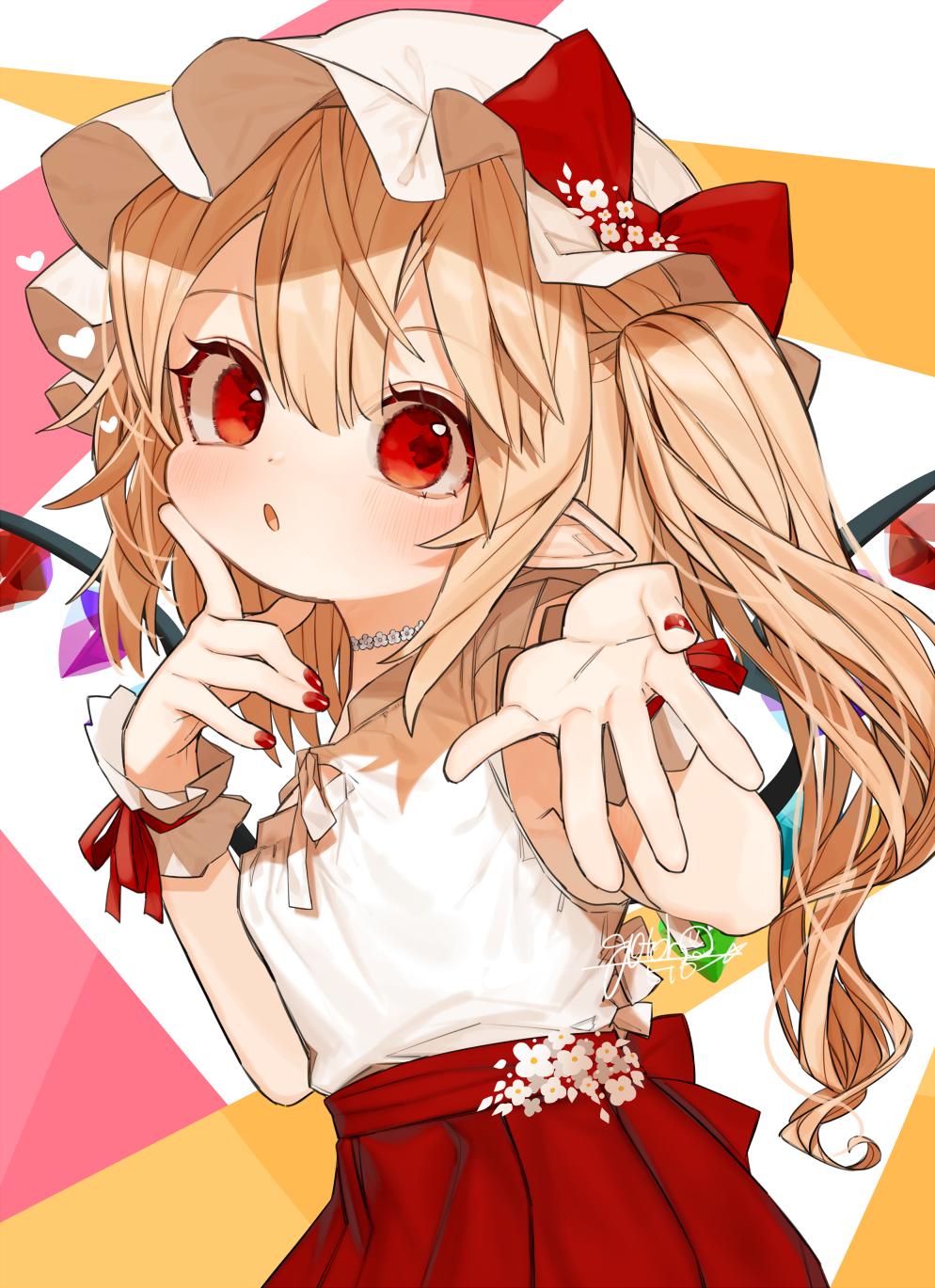 1girl :o alternate_costume artist_name bare_arms blonde_hair blush bow breasts commentary_request cowboy_shot crystal finger_to_cheek flandre_scarlet gotoh510 hair_between_eyes hands_up hat hat_bow heart highres index_finger_raised long_hair looking_at_viewer mob_cap multicolored multicolored_background nail_polish one_side_up orange_background parted_lips pink_background pointy_ears red_bow red_eyes red_nails red_ribbon red_skirt ribbon signature skirt sleeveless small_breasts solo touhou white_background white_headwear wings wrist_cuffs