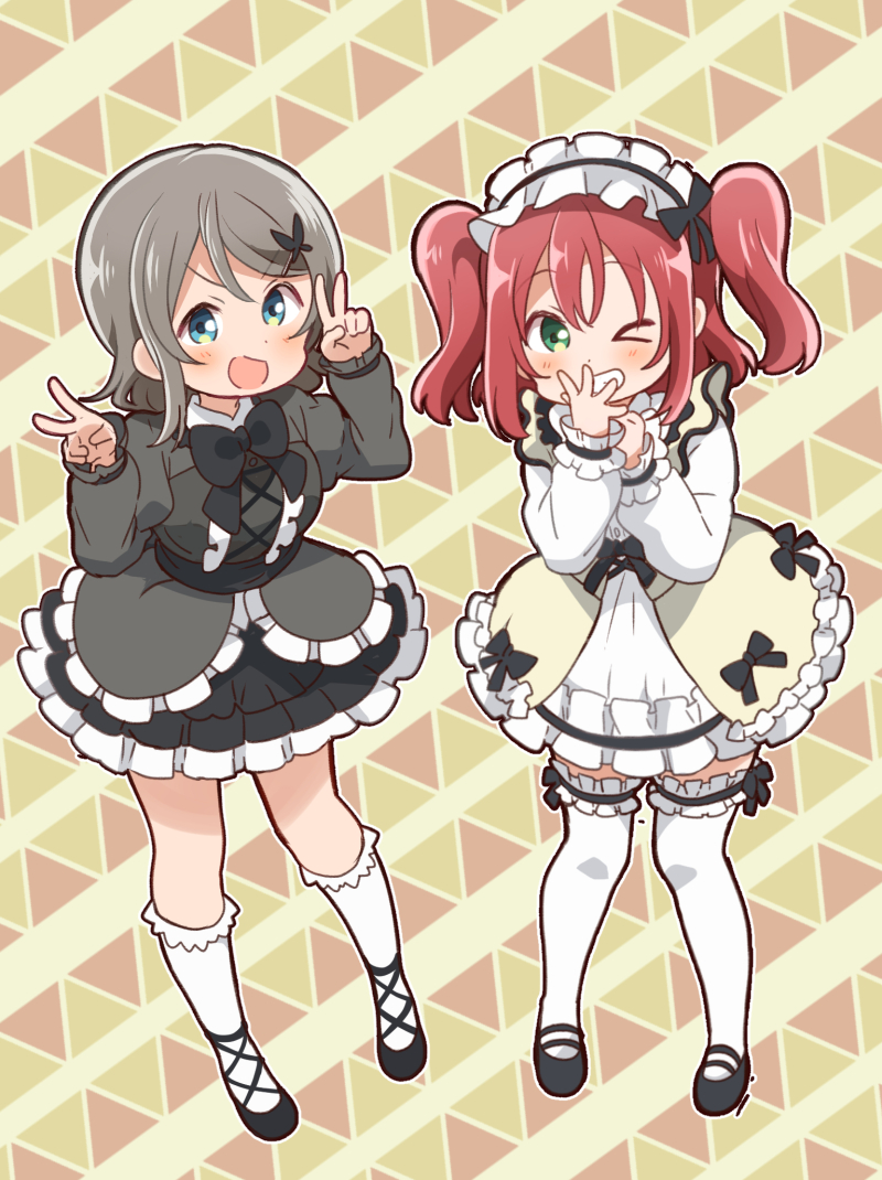 &gt;_o 2girls :d bangs black_bow black_dress black_footwear black_neckwear blue_eyes blush bow bowtie butterfly_hair_ornament covering_mouth cross-laced_clothes double_v dress full_body garters gothic_lolita green_eyes grey_hair grin hair_ornament hairband hands_up kneehighs kurosawa_ruby lolita_fashion lolita_hairband long_sleeves looking_at_viewer love_live! love_live!_sunshine!! mary_janes mezashi_(mezamashi_set) multiple_girls one_eye_closed open_mouth outline redhead shoes short_hair smile standing thigh-highs two_side_up v v-shaped_eyebrows watanabe_you white_legwear white_outline yellow_dress