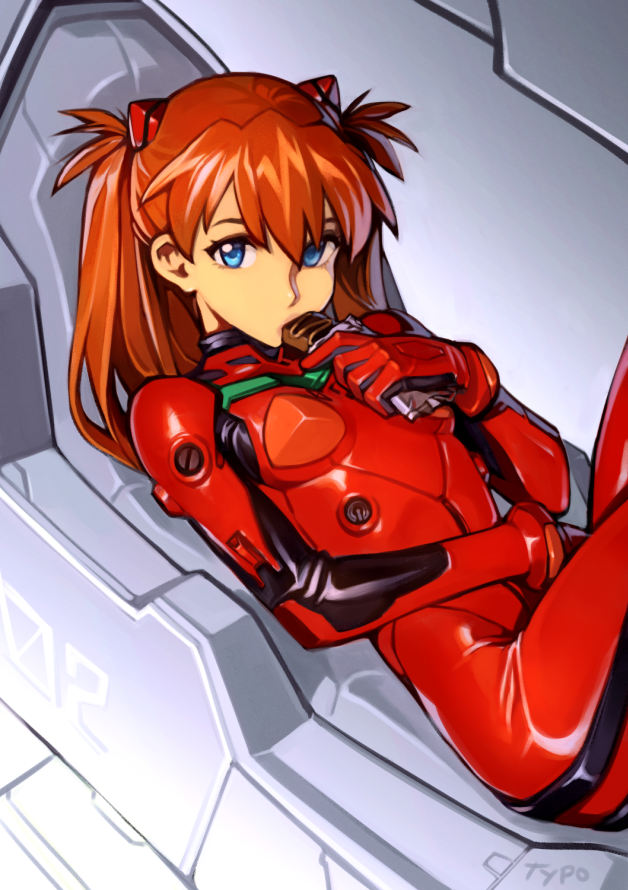 1girl blue_eyes bodysuit breasts candy_bar cockpit commentary eating english_commentary hair_between_eyes looking_at_viewer multicolored multicolored_bodysuit multicolored_clothes neon_genesis_evangelion orange_hair pilot_suit plugsuit red_bodysuit shiny shiny_clothes small_breasts souryuu_asuka_langley typo_(requiemdusk)