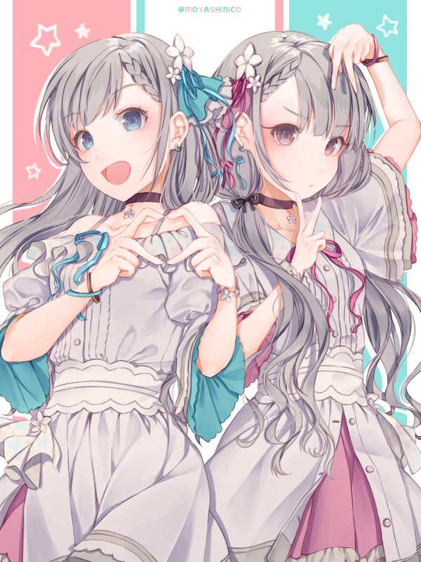 2girls bangs bare_shoulders black_ribbon blue_eyes blush braid choker collarbone commentary cowboy_shot double_v dress eyebrows_visible_through_hair flower hair_flower hair_ornament heart heart_hands hisakawa_hayate hisakawa_nagi idolmaster idolmaster_cinderella_girls idolmaster_cinderella_girls_starlight_stage long_hair looking_at_viewer low_twintails monicanc multiple_girls open_mouth ribbon siblings silver_hair sisters smile swept_bangs twins twintails v violet_eyes white_dress