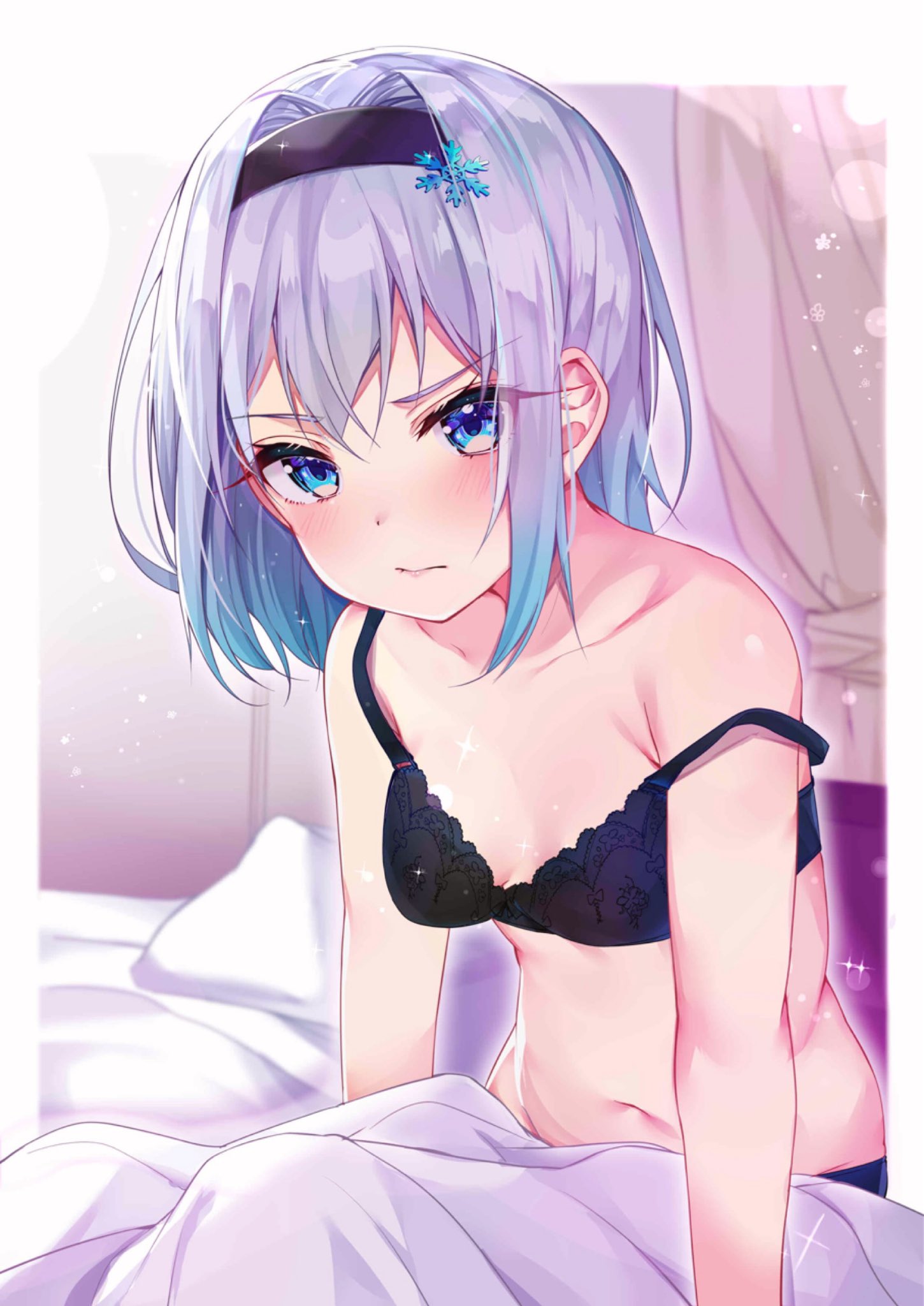 1girl bare_arms bare_shoulders black_bra black_hairband black_panties blanket blue_eyes blush bra breasts closed_mouth collarbone commentary_request curtains eyebrows_visible_through_hair eyes_visible_through_hair hair_ornament hairband highres looking_at_viewer medium_hair navel on_bed panties pillow rouka_(akatyann) ryuuou_no_oshigoto! silver_hair sitting small_breasts snowflake_hair_ornament solo sora_ginko stomach strap_slip underwear underwear_only v-shaped_eyebrows