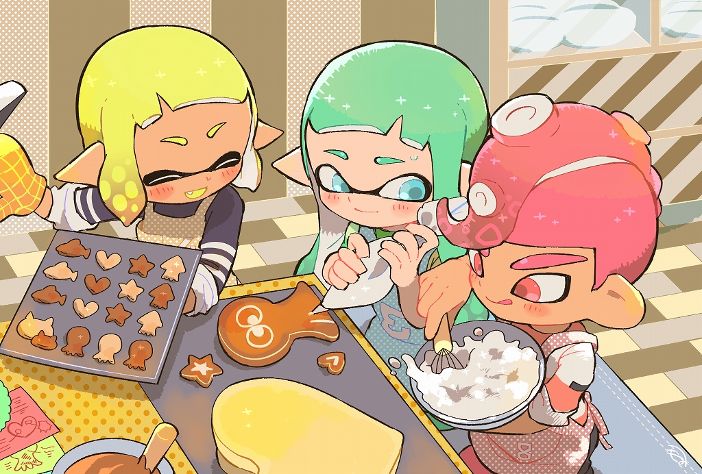 1boy 2girls :d ^_^ apron aqua_hair baking_sheet blonde_hair blue_apron blue_eyes bowl closed_eyes closed_eyes closed_mouth cookie dark_skin domino_mask fang food heart holding icing inkling kirikuchi_riku long_hair looking_at_another mask mohawk multiple_girls octarian octoling open_mouth oven_mitts pastry_bag pink_apron pink_hair pointy_ears polka_dot polka_dot_apron red_eyes short_hair smile splatoon splatoon_(series) splatoon_2 star suction_cups tentacle_hair tongue tongue_out whisk yellow_apron