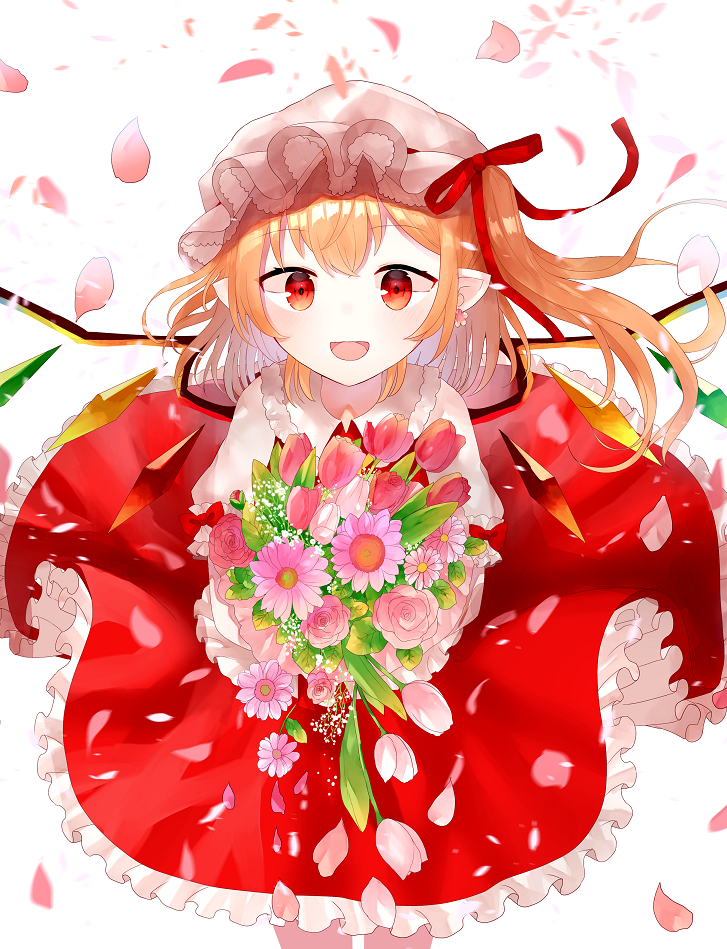1girl :d baby's-breath bending_forward blonde_hair bouquet commentary_request daisy earrings eyebrows_visible_through_hair flandre_scarlet flower flower_earrings frilled_skirt frills hair_between_eyes hair_ribbon hat holding holding_bouquet jewelry looking_at_viewer medium_hair mob_cap open_mouth petals petticoat pink_flower pink_rose pointy_ears puffy_short_sleeves puffy_sleeves red_eyes red_skirt red_vest ribbon rose sakipsakip shirt short_sleeves side_ponytail simple_background skirt smile solo standing touhou tulip vest white_background white_headwear white_shirt wind wings