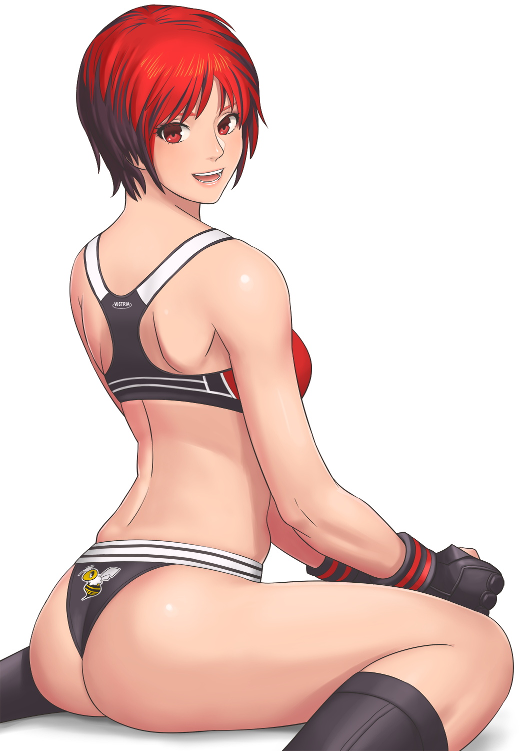 1girl ass back bare_shoulders bee black_panties breasts brown_eyes brown_hair bug commentary_request dead_or_alive from_behind highres insect looking_back medium_breasts mila_(doa) multicolored_hair panties redhead revision shigenobu short_hair simple_background smile solo sports_bra sportswear two-tone_hair underwear white_background