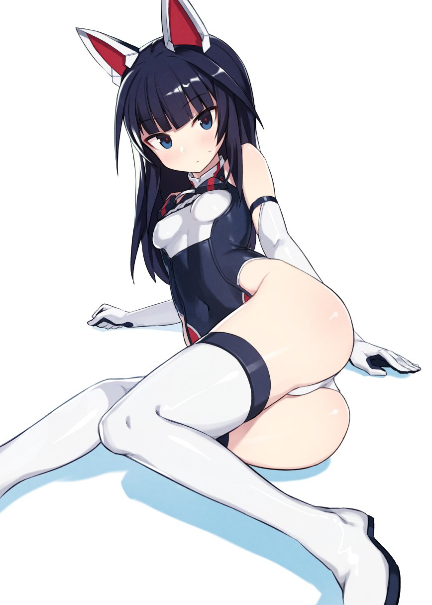 1girl agatsuma_kaede alice_gear_aegis animal_ears ass black_hair blue_eyes boots breasts commentary covered_navel elbow_gloves erect_nipples eyebrows_visible_through_hair fake_animal_ears gloves highleg highleg_leotard highres kylin leotard long_hair lying on_side small_breasts solo sweatdrop thigh-highs thigh_boots white_footwear white_gloves