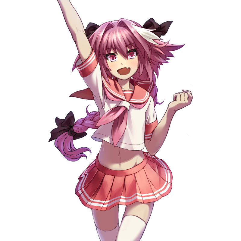 1boy :d androgynous arm_up astolfo_(fate) black_bow bow braid braided_ponytail eyebrows_visible_through_hair fate/apocrypha fate_(series) floating_hair hair_between_eyes hair_bow inugoya long_hair looking_at_viewer male_focus midriff miniskirt navel open_mouth pink_eyes pink_hair pink_neckwear pink_skirt pleated_skirt red_sailor_collar sailor_collar school_uniform serafuku shirt short_sleeves simple_background single_braid skirt smile solo stomach thigh-highs trap very_long_hair white_background white_legwear white_shirt zettai_ryouiki