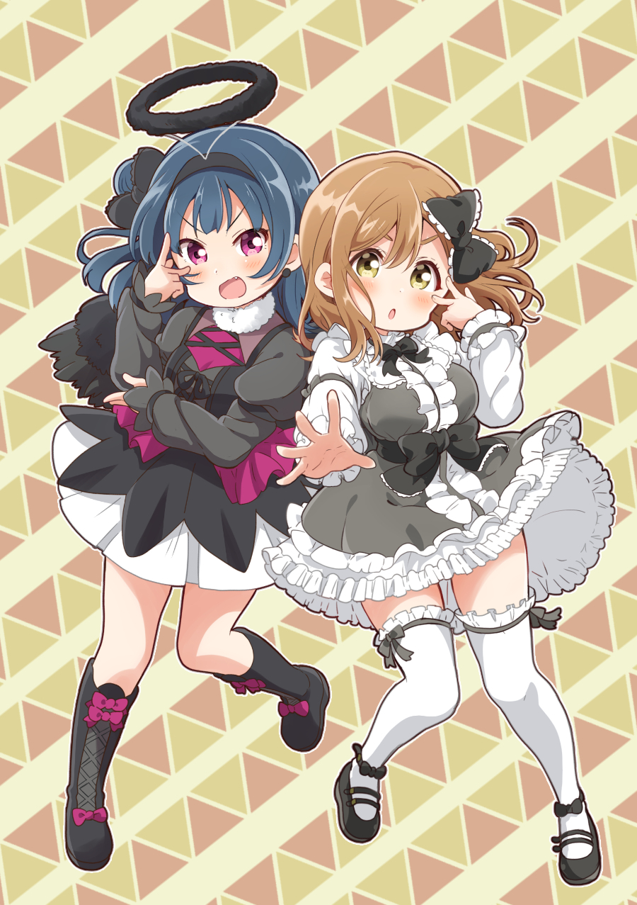 2girls :d :o ankle_strap bangs black_bow black_dress black_footwear black_hair black_ribbon black_wings blue_hair blush boots bow bowtie brown_hair center_frills dark_halo dress earrings fake_halo fake_wings fang frilled_bow frilled_dress frilled_legwear frilled_shirt_collar frills full_body fur_collar gothic_lolita hair_bow hairband highres jewelry kunikida_hanamaru lolita_fashion long_hair long_sleeves looking_at_viewer love_live! love_live!_sunshine!! mary_janes mezashi_(mezamashi_set) multiple_girls open_mouth outline petticoat pink_bow ribbon shoes side_bun smile thigh-highs tsushima_yoshiko v-shaped_eyebrows v_over_eye violet_eyes white_outline wings yellow_eyes