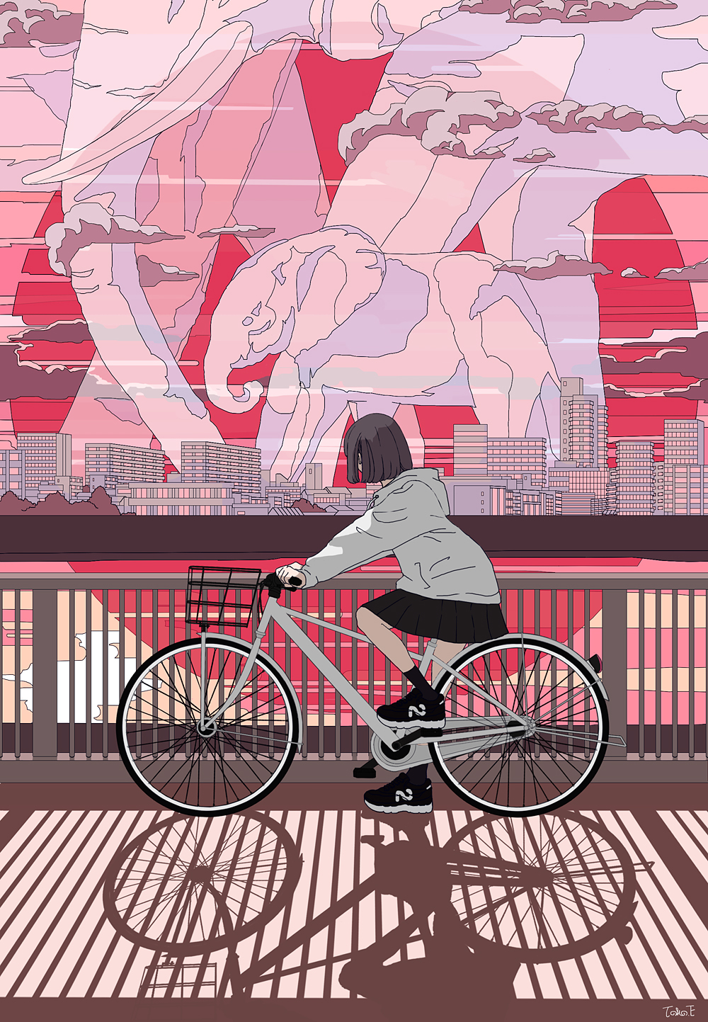 1girl animal bicycle black_skirt bridge brown_hair building cityscape clouds commentary_request elephant from_side ground_vehicle highres hood hood_down hoodie looking_to_the_side original oversized_animal pleated_skirt railing red_theme scenery seraphitalg shadow shoes short_hair skirt skyline sneakers solo
