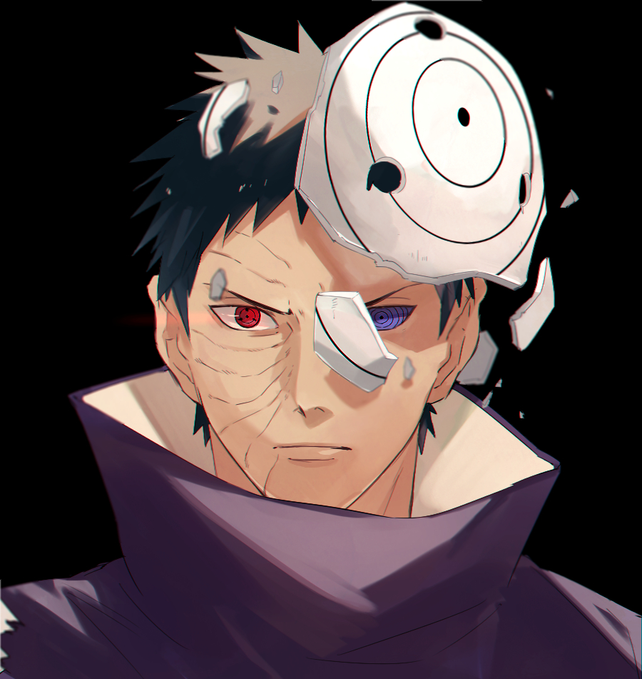 1boy black_background black_hair blue_sclera looking_at_viewer male_focus mask naruto_(series) naruto_shippuuden oriharaizaya0111 portrait red_eyes rinnegan scar sharingan shattered simple_background solo spoilers uchiha_obito