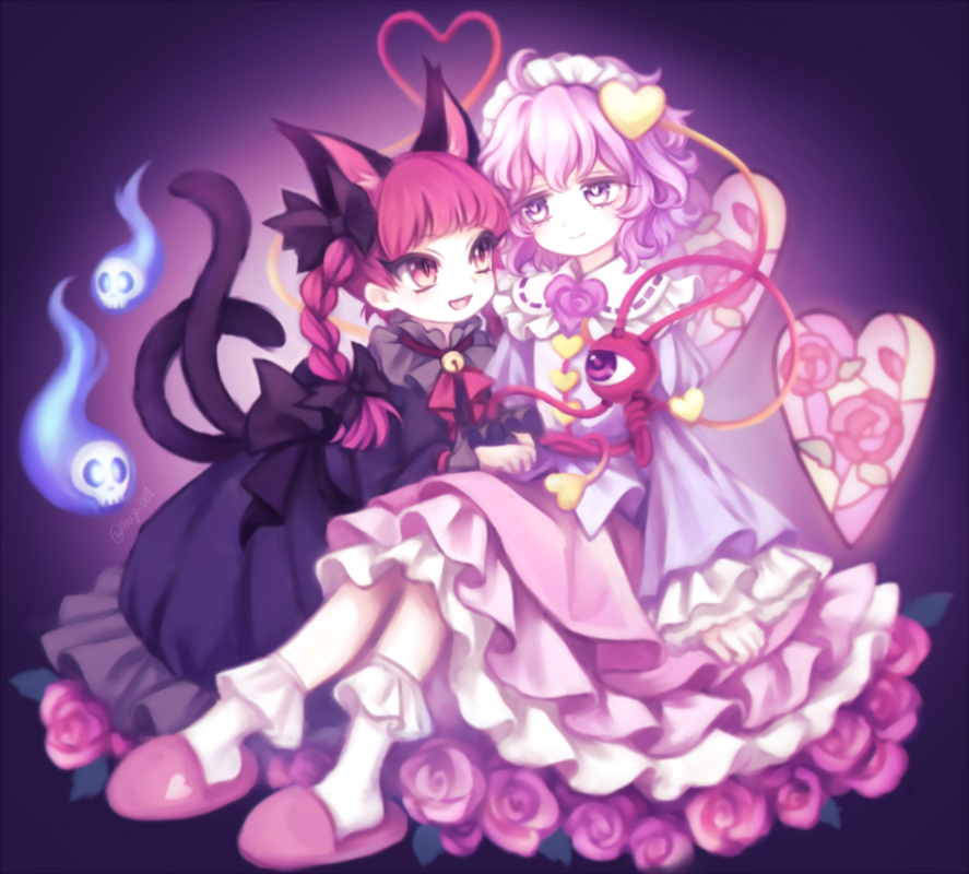 2girls :d ahoge animal_ears artist_name bangs bell black_bow black_dress blue_shirt bobby_socks bow braid cat_ears cat_tail commentary_request dress eyebrows_visible_through_hair flower frilled_hairband frilled_shirt_collar frills full_body gradient gradient_background hair_bow hair_ornament hairband heart heart-shaped_pupils heart_hair_ornament heart_of_string jingle_bell juliet_sleeves kaenbyou_rin komeiji_satori long_hair long_sleeves looking_at_another miy_001 multiple_girls multiple_tails neck_ribbon nekomata open_mouth petticoat pink_background pink_eyes pink_footwear pink_hair pink_skirt puffy_sleeves purple_background red_eyes red_flower red_neckwear red_ribbon red_rose redhead ribbon ribbon-trimmed_collar ribbon_trim rose shirt sitting skirt skull slippers smile socks symbol-shaped_pupils tail third_eye touhou twin_braids twintails twitter_username two_tails white_legwear wide_sleeves yuri