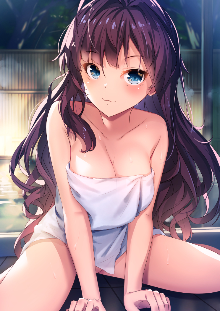 1girl :3 bangs between_legs blue_eyes blush breasts brown_hair cleavage closed_mouth collarbone commentary_request eyebrows_visible_through_hair hair_between_eyes hand_between_legs ichinose_shiki idolmaster idolmaster_cinderella_girls long_hair looking_at_viewer medium_breasts naked_towel night onsen outdoors revision sitting smile solo steam towel very_long_hair wariza water yan_(nicknikg)