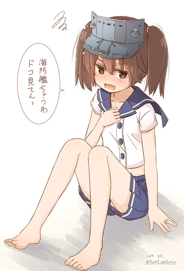 1girl alternate_costume blue_sailor_collar blue_shorts brown_eyes brown_hair commentary_request dated fang fujisaki_yuu jewelry kantai_collection open_mouth ring ryuujou_(kantai_collection) sailor_collar sailor_shirt shadow shirt shorts simple_background sitting skin_fang smile solo translation_request twintails twitter_username visor_cap wedding_band white_background white_shirt