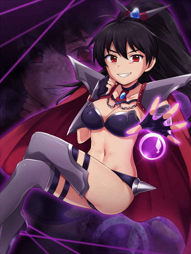 1girl :d antenna_hair bangs bikini_skirt black_choker black_gloves black_hair boots breasts cape chains choker cleavage collarbone commentary_request fingerless_gloves floating ganaha_hibiki gloves grey_footwear grin high_ponytail hiiringu idolmaster long_hair looking_at_viewer medium_breasts navel open_mouth outstretched_arm red_cape red_eyes shoulder_armor sitting smile solo sparkle sphere spikes spread_fingers stomach teeth thigh-highs thigh_boots v-shaped_eyebrows vambraces very_long_hair zoom_layer