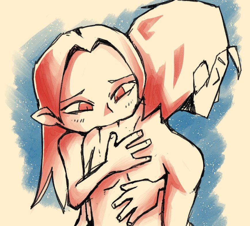 1boy 1girl behind_another biting blood_sucking blush_stickers cross-eyed fingernails hug limited_palette original pointy_ears setz shirtless simple_background sketch vampire wince