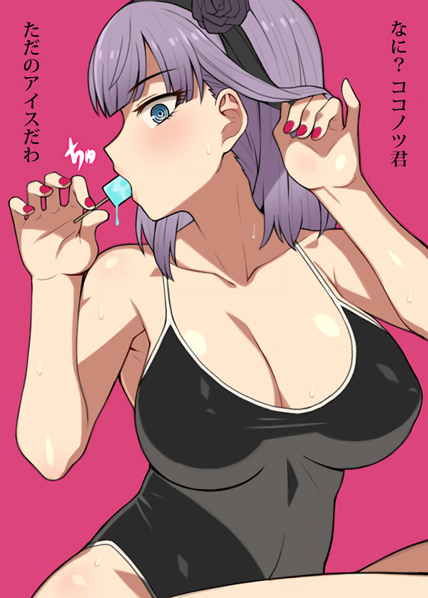1girl black_flower black_hairband black_rose black_swimsuit blue_eyes breasts cleavage collarbone dagashi_kashi flower food hairband large_breasts nail_polish nt00 one-piece_swimsuit partially_translated pink_background popsicle purple_hair revision rose shidare_hotaru short_hair simple_background solo sweat swimsuit translation_request