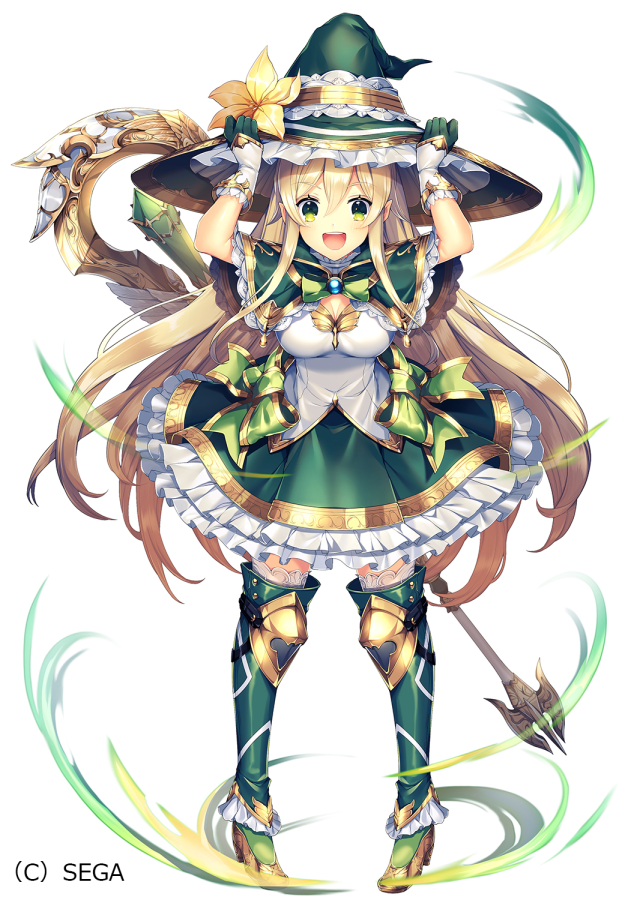 1girl adjusting_clothes adjusting_hat bow breasts company_name flower frilled_skirt frills full_body gloves gold_trim green_bow green_eyes green_gloves green_headwear green_legwear green_neckwear green_skirt hands_up hat hat_flower idola_phantasy_star_saga long_hair looking_at_viewer medium_breasts mizumori_(xcllcx) official_art short_sleeves simple_background skirt solo staff standing thigh-highs very_long_hair white_background wizard_hat yellow_footwear