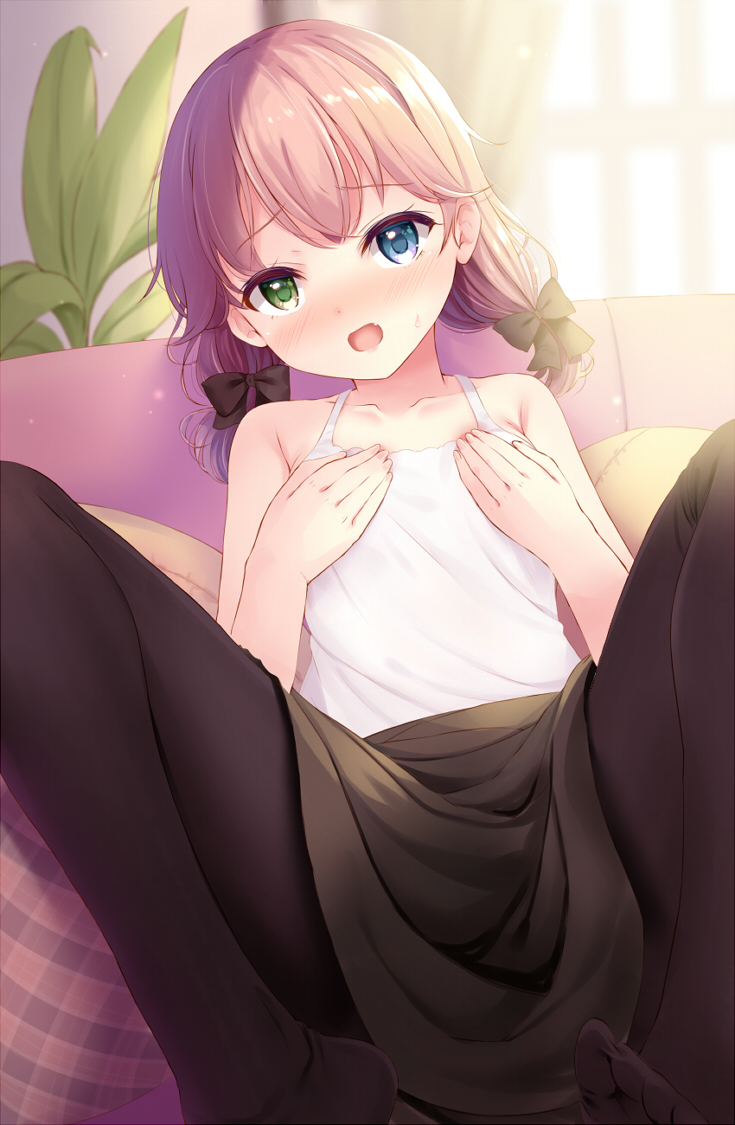 1girl bangs black_bow black_legwear black_skirt blue_eyes blush bow collarbone commentary_request cornet_mariveninne couch covering covering_breasts curtains day eyebrows_visible_through_hair fang feet green_eyes hair_between_eyes hair_bow hands_on_own_chest heterochromia indoors komone_ushio looking_at_viewer low_twintails no_shoes open_pajamas original pantyhose pink_hair plant potted_plant revision shirt short_hair sitting skirt solo toes twintails white_shirt window