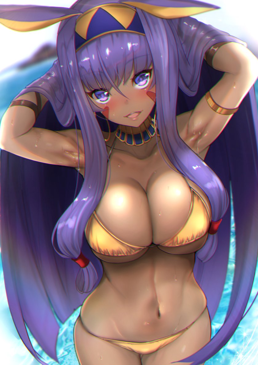 1girl armlet armpits arms_up bikini blurry blurry_background blush bracer breasts chromatic_aberration cleavage collarbone cowboy_shot dark_skin depth_of_field detached_collar eyebrows_visible_through_hair facial_mark fate/grand_order fate_(series) gold_bikini hair_lift huge_breasts legs legs_together looking_at_viewer navel nitocris_(fate/grand_order) purple_hair revision sidelocks smile solo string_bikini swimsuit thighs type-moon underboob untsue violet_eyes wet yellow_bikini