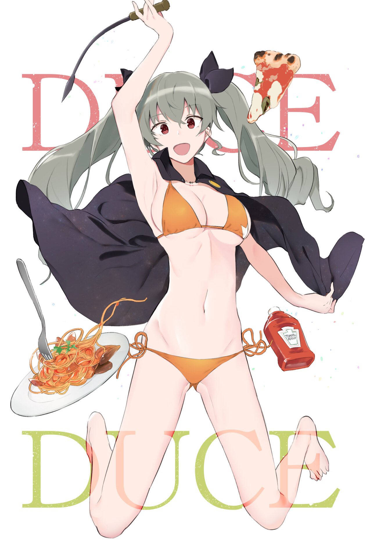 1girl :d anchovy arm_up armpits bangs bikini breasts cape cleavage drill_hair eyebrows_visible_through_hair food fork full_body girls_und_panzer gluteal_fold green_hair hair_between_eyes hair_ribbon highres italian_text ketchup_bottle long_hair looking_at_viewer medium_breasts muteki_soda navel open_mouth orange_bikini pasta pizza red_eyes ribbon riding_crop shiny shiny_hair side-tie_bikini sideboob simple_background slice_of_pizza smile solo spaghetti string_bikini swimsuit twin_drills under_boob white_background