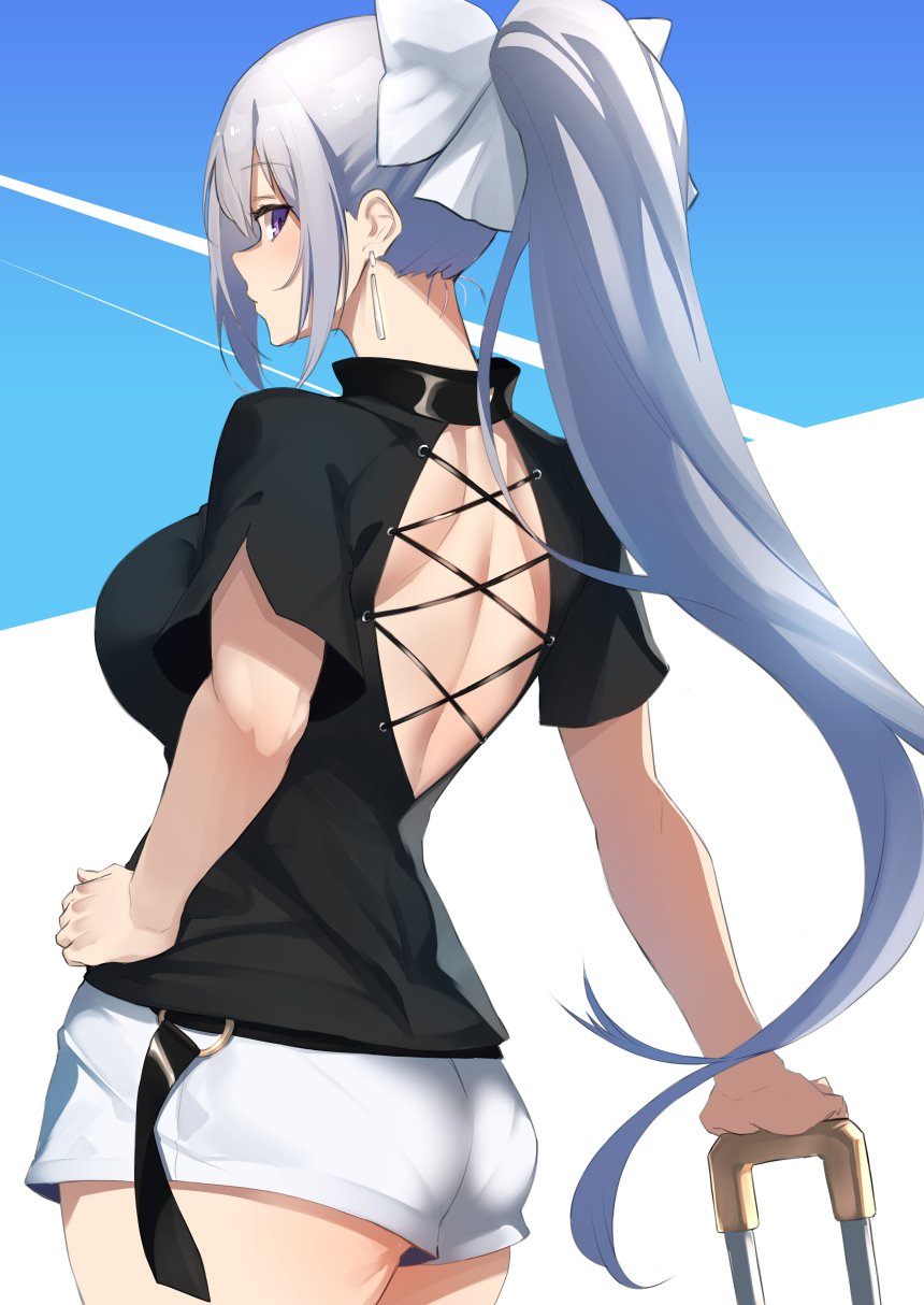 1girl ass back back_cutout bangs black_shirt blue_background blush bow breasts casual closed_mouth cowboy_shot cross-laced_clothes earrings eyebrows_visible_through_hair from_behind hair_bow hand_on_hip high_ponytail highres higuchi_kaede jewelry large_breasts looking_at_viewer looking_back nijisanji nuezou profile shirt short_shorts short_sleeves shorts shoulder_blades sidelocks silver_hair solo two-tone_background violet_eyes white_background white_bow white_shorts
