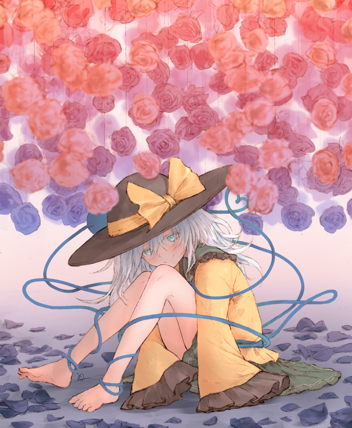 1girl aqua_eyes bare_legs barefoot black_frills black_headwear blouse bow closed_mouth collar collared_shirt eyeball flower frilled_collar frilled_sleeves frills green_skirt half-closed_eyes hat hat_bow hat_ribbon heart heart_of_string io_(io_oekaki) knees_up komeiji_koishi light_blush long_sleeves looking_at_viewer medium_hair petals ribbon rose shirt signature sitting sitting_on_ground skirt smile solo string third_eye touhou white_eyelashes white_hair wide_sleeves yellow_bow yellow_shirt