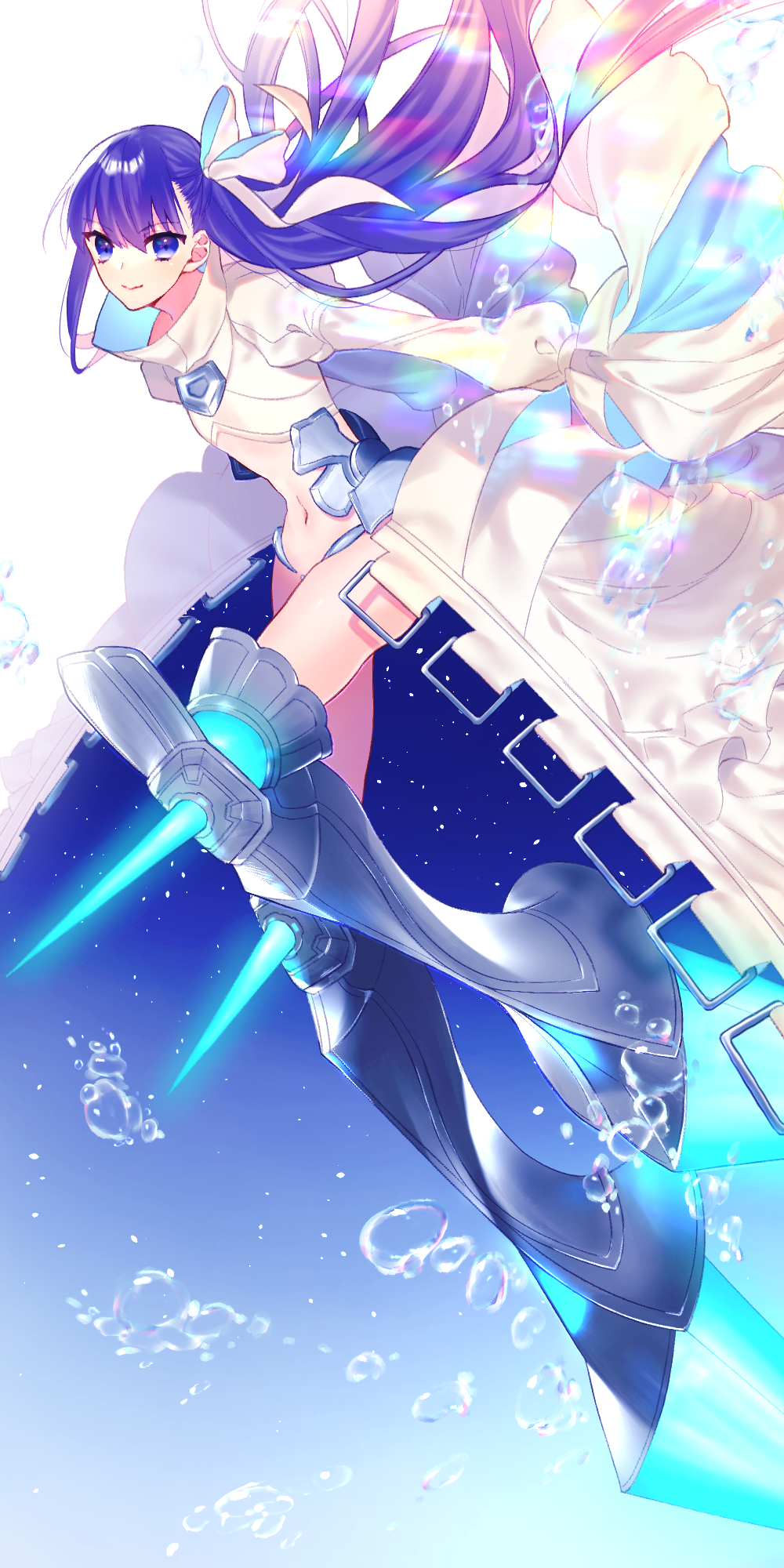 1girl ai_(blacktea_milk) bow crop_top fate/extra fate_(series) flat_chest floating_hair full_body grey_legwear hair_between_eyes hair_bow highres long_hair looking_at_viewer meltlilith midriff navel outstretched_arms panties purple_hair shiny shiny_hair sleeves_past_fingers sleeves_past_wrists smile solo stomach underwear very_long_hair violet_eyes white_bow