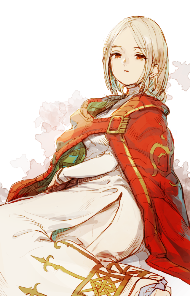 1girl blonde_hair braid breasts brown_eyes cape commentary_request dress final_fantasy final_fantasy_tactics long_hair looking_at_viewer nightmare-kck ovelia_atkascha simple_background single_braid solo