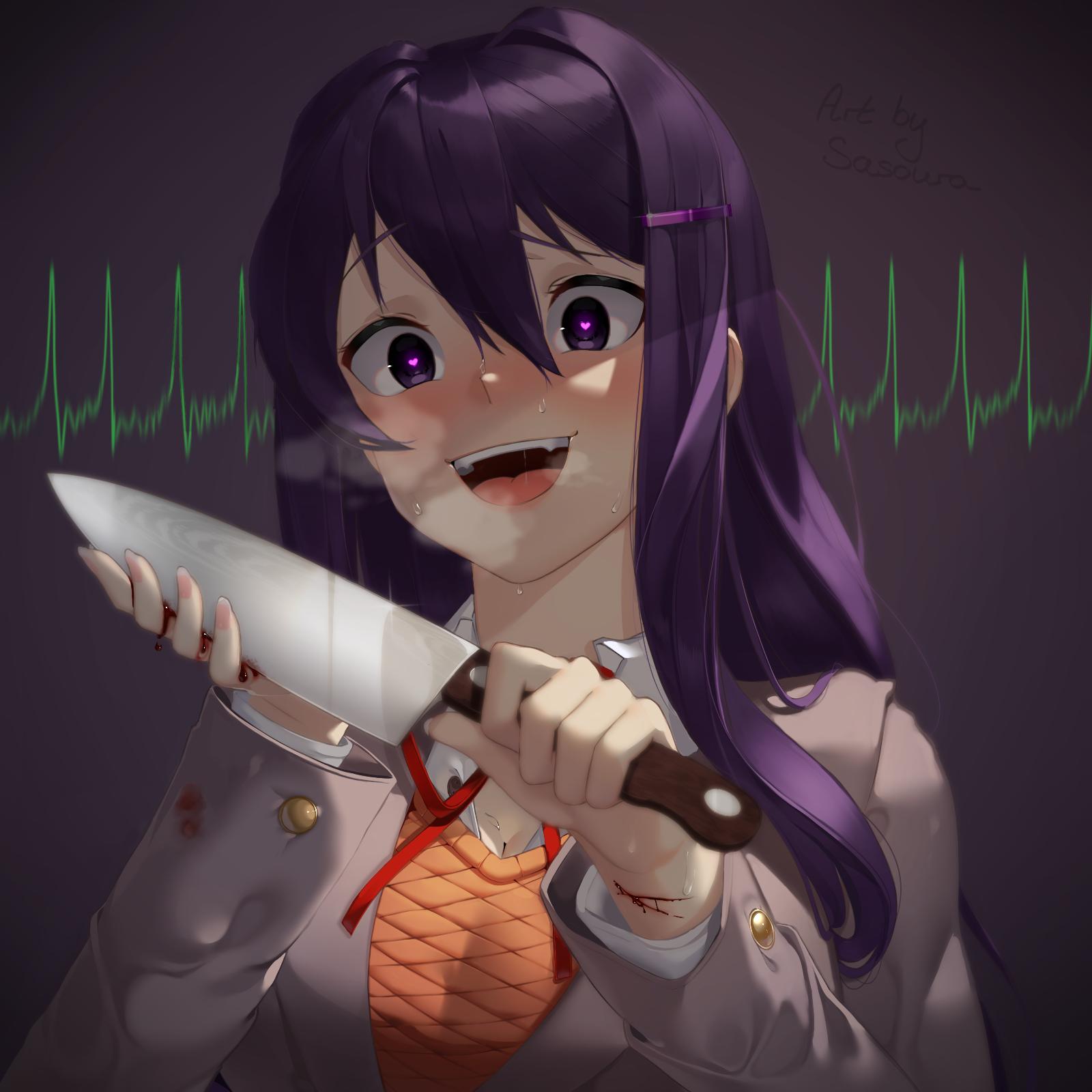 1girl :d artist_name bangs blood bloody_clothes bloody_hands blush breasts cardiogram cleavage commentary cuts doki_doki_literature_club english_commentary eyebrows_visible_through_hair fangs grey_jacket hair_between_eyes hair_ornament hairclip heart heart_in_eye heavy_breathing highres holding holding_knife injury jacket knife long_hair long_sleeves looking_at_viewer open_mouth purple_hair sample sasoura school_uniform shirt smile solo spoilers sweat symbol_in_eye upper_body violet_eyes white_shirt yuri_(doki_doki_literature_club)