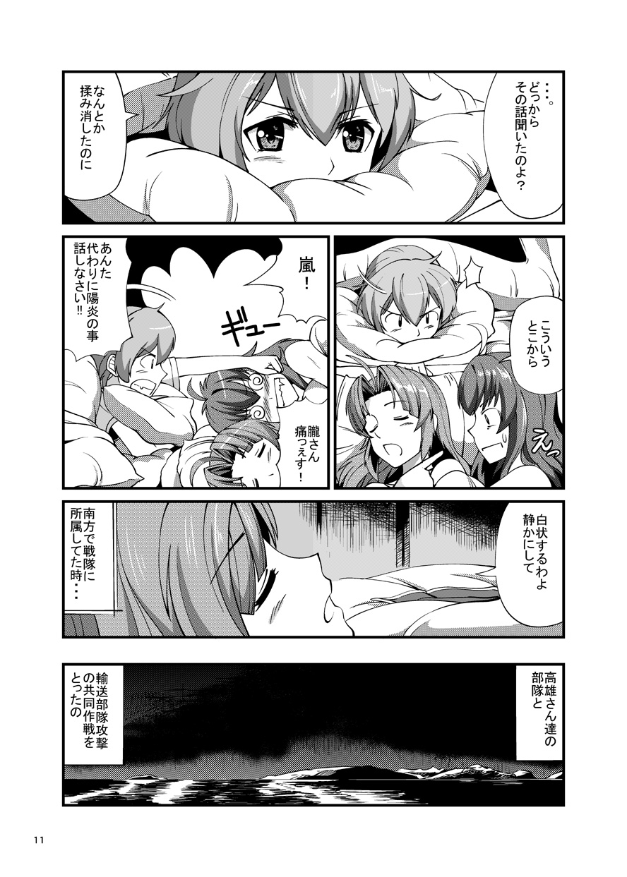 3girls @_@ ahoge alternate_hairstyle arashi_(kantai_collection) bangs blush clenched_teeth closed_eyes comic covered_mouth eyebrows_visible_through_hair futon greyscale hair_between_eyes hair_down highres kagerou_(kantai_collection) kantai_collection looking_at_another monochrome monsuu_(hoffman) multiple_girls night oboro_(kantai_collection) ocean open_mouth outstretched_arm page_number pillow pointing short_sleeves sideways_mouth speech_bubble sweatdrop teeth translation_request under_covers