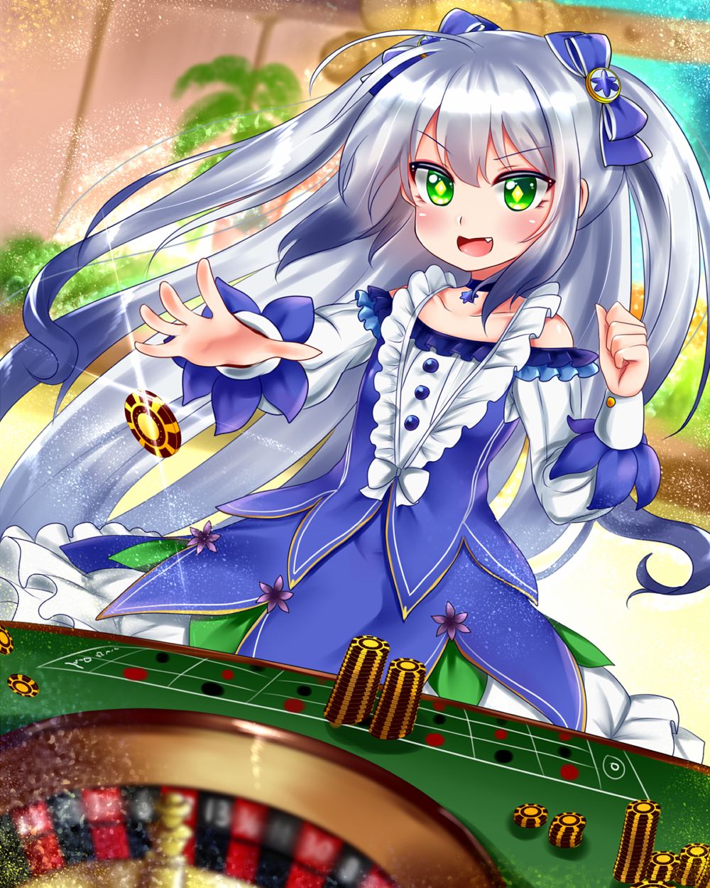 1girl ao_(ao_10bx) blue_hair blurry blurry_background blush character_request chips clenched_hand collarbone commentary_request dress fang flower_knight_girl food gambling green_eyes hair_ribbon highres jewelry long_hair looking_at_viewer multicolored_hair necklace open_mouth ribbon shiny solo throwing twintails