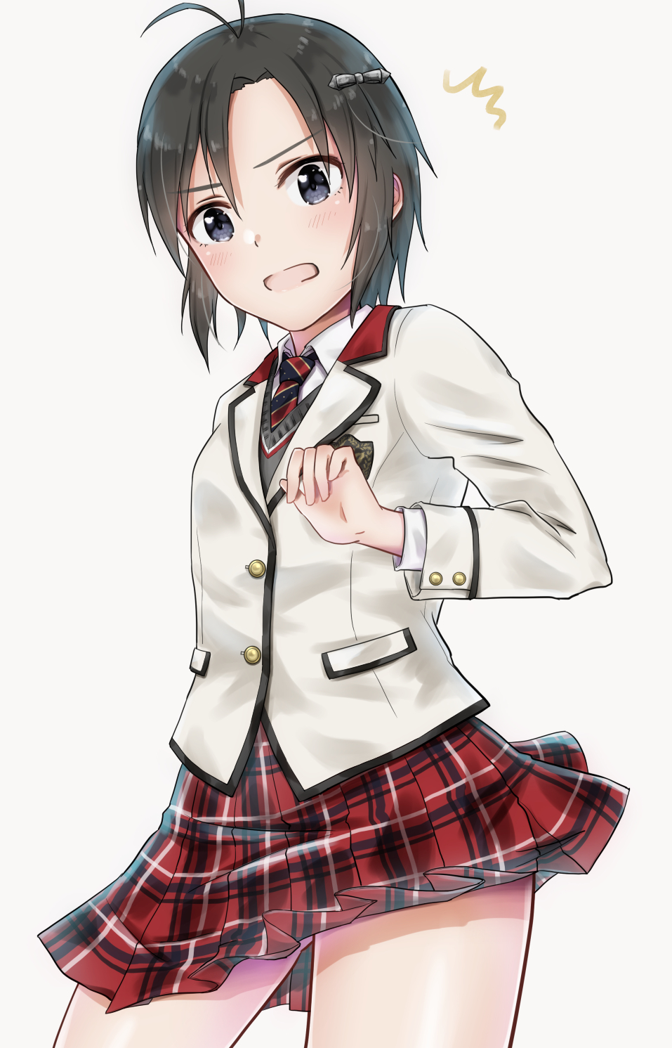 1girl antenna_hair black_eyes black_hair blazer collared_shirt cowboy_shot grey_sweater hair_ornament highres idolmaster idolmaster_(classic) jacket kikuchi_makoto long_sleeves looking_at_viewer miniskirt mogskg necktie open_mouth plaid plaid_skirt pleated_skirt red_skirt shiny shiny_skin shirt short_hair simple_background skirt solo standing striped striped_neckwear sweater white_background white_jacket white_shirt wing_collar